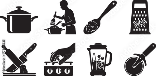 Collection of black kitchen utensil icons and cooking scenes utensils