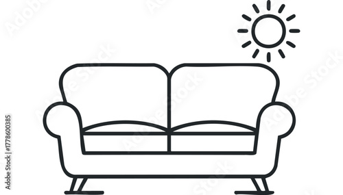 Line drawing of a sofa with a sun icon