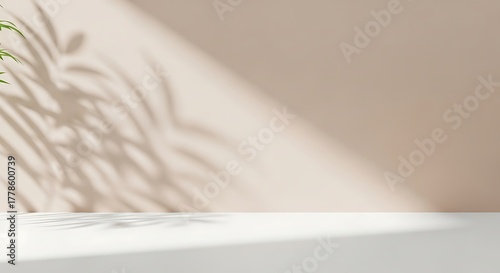 Minimal empty white marble stone counter table top, green tree in sunlight, leaf shadow on beige brown stucco cement wall for luxury organic cosmetic, skincare, beauty treatment product background 