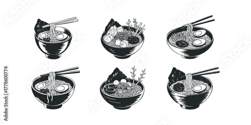 Six bowls of ramen with chopsticks and toppings