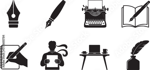 Collection of eight black writing and office related icons on white background typewriter book