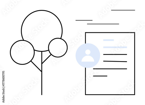 Abstract tree with circular elements next to a user profile document with textual lines. Ideal for nature, identity, environment, sustainability, personal information, profile management, ecological