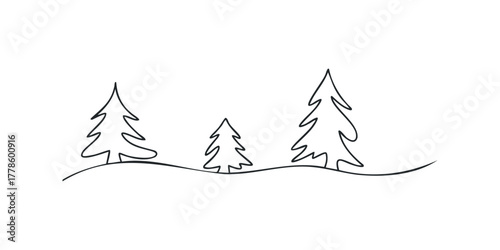 Three stylized evergreen trees on a rolling landscape
