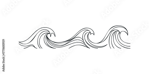 Black and white line art of three rolling ocean waves