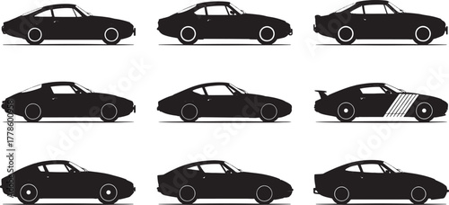 Nine black silhouette sports cars with white wheel rims and stripes vector
