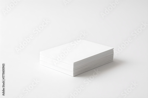 Minimalist White Card Stack Mockup: Thick pile of blank business cards/paper isolated on a bright, high-key white background with copy space