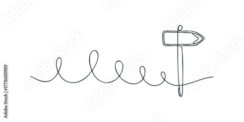 Minimalist single line drawing of directional signpost with winding path