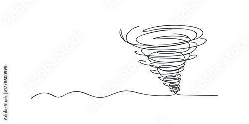 Simple line drawing of a swirling tornado with wavy ground