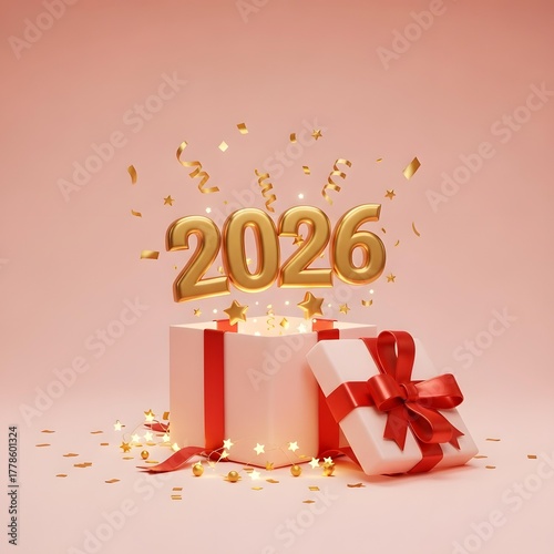 Golden 2026 New Year Celebration – Elegant Festive Background with Sparkling Confetti and Gifts