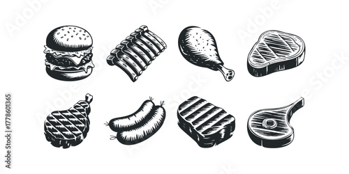 Collection of grilled meat items and hamburger