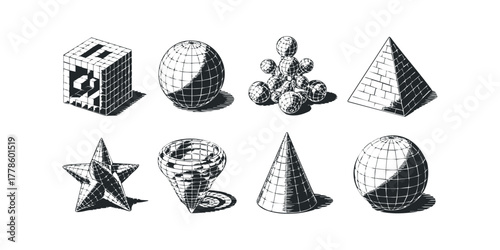 Collection of Geometric Shapes and Forms with Hatching