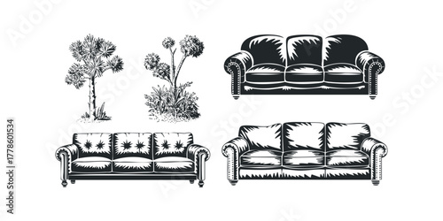 Three upholstered sofas and two botanical plant sketches