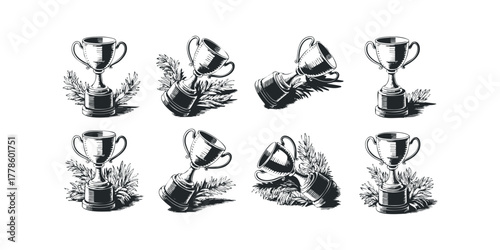 Award trophies with laurel leaves in various orientations