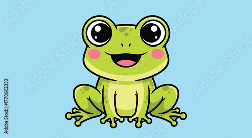 Happy Green Frog Sitting - Kawaii Cartoon Illustration