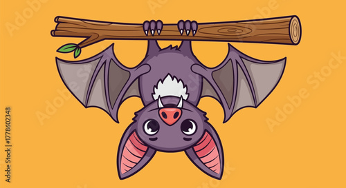 Cute Bat Hanging Upside Down - Kawaii Cartoon Illustration