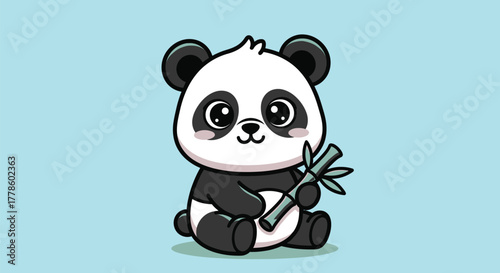 A cute cartoon baby panda sitting down while holding a bamboo stalk.