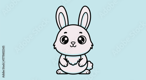 A cute, simple cartoon drawing of a white bunny rabbit with big eyes and long ears, standing against a light blue background.