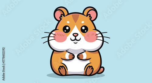 Cute cartoon hamster with orange and white fur sitting on a light blue background.