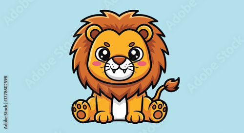 A cute cartoon illustration of a baby lion sitting down with a fluffy mane and big eyes.