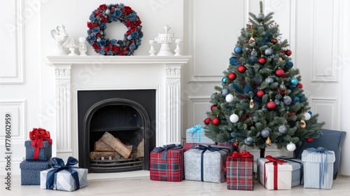 Cozy and Festive Christmas Living Room with Tree, Gifts, and Decorative Wreath