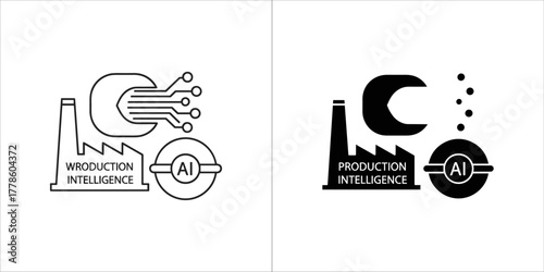 Production intelligence icon, ai and factory