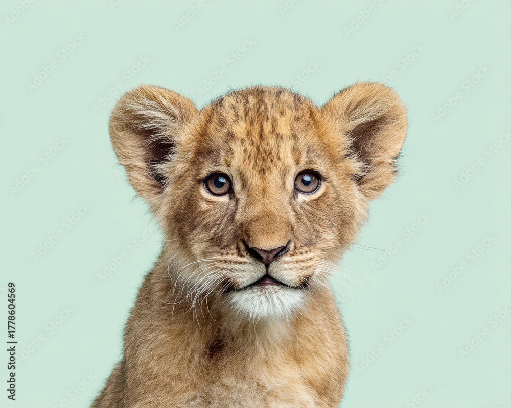 Obraz premium Adorable Lion Cub Portrait A Gentle Look into the Wild's Future