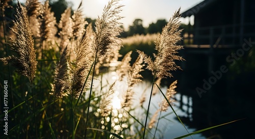 Reeds by water at golden hour