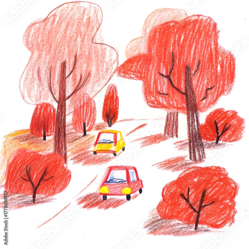 Colorful Crayon Art with Trees and Cars