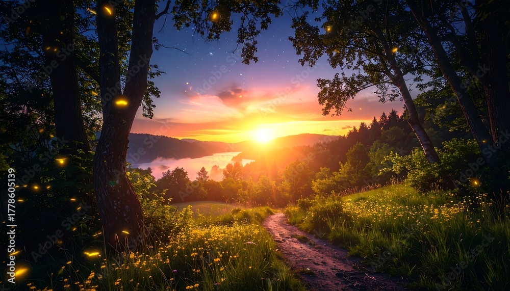 Fototapeta premium A sun sets over a grassy, floral path, with silhouetted trees framing a distant lake and forested hills