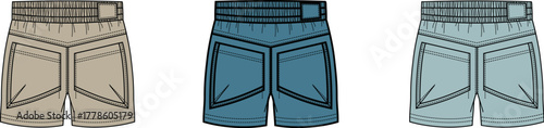 Collection of flat vector illustrations featuring various colored short pants with pockets, perfect for summer apparel