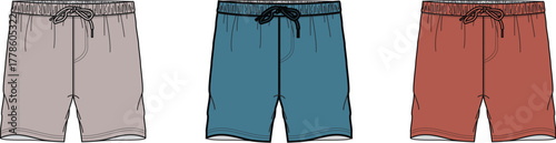 Three pairs of casual shorts in light brown, teal, and rust colors with elastic waistbands and drawstring closures, perfect for everyday wear and active lifestyles