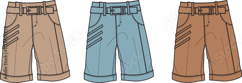 Fashionable shorts in three different color options, showcasing contemporary design elements and rolled cuffs, perfect for casual wear