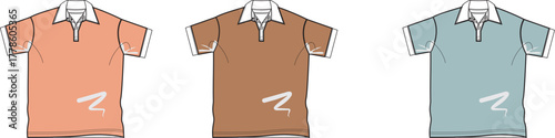 Three different colored short-sleeved polo shirts displayed side by side on a white background