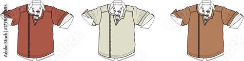 Collection of three short-sleeved button-down shirts in different earthy tones, presented as flat lay illustrations on a white background