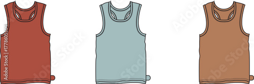 Collection of three plain tank tops in various solid colors, presented in a clean, minimalist flat design illustration format