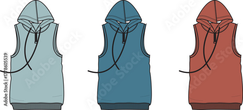 Versatile collection of sleeveless hoodies in various colors, presenting comfortable and modern hooded vests designed for casual wear and contemporary fashion