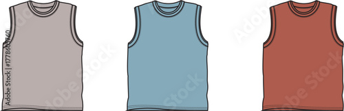 Set of three colorful men's tank top templates. Vector illustration of sleeveless shirt fashion flat sketch for apparel design mockup