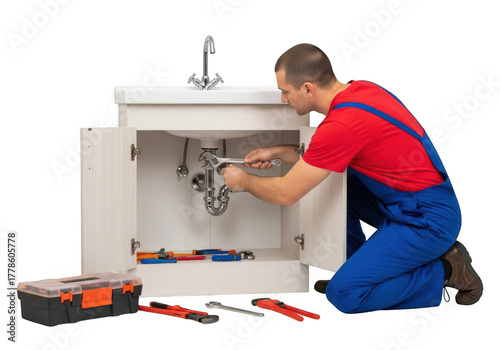 Skilled plumber expertly repairs sink plumbing with tools nearby and focused work transparent background