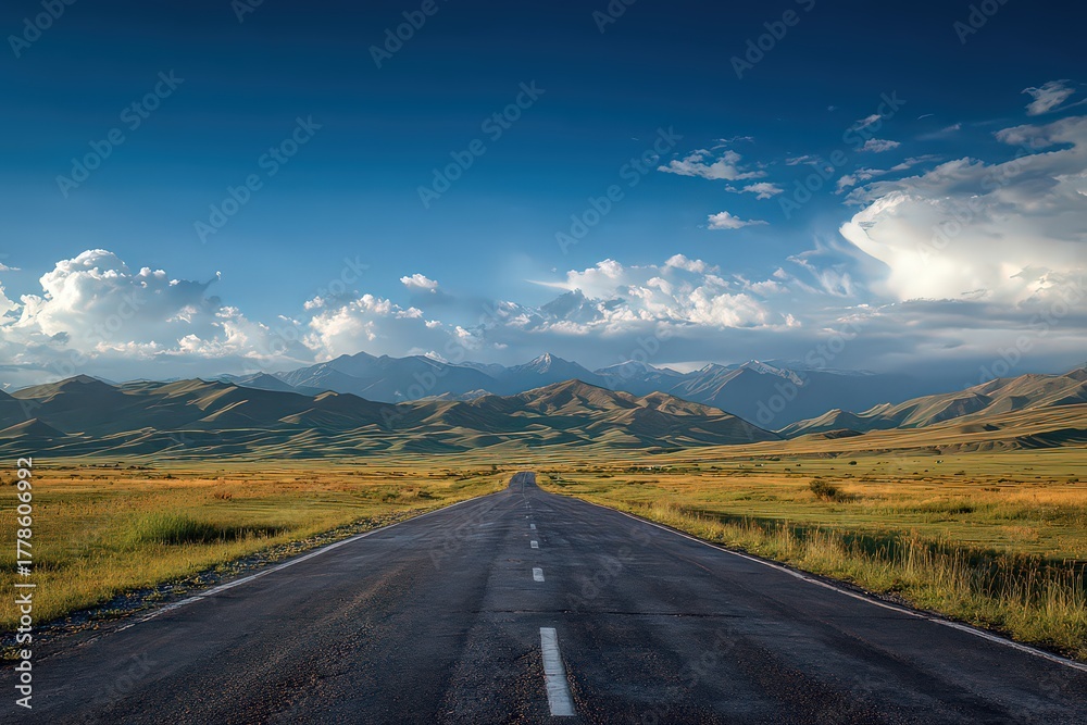 Naklejka premium Scenic Country Road Leading to Distant Mountains under Blue Sky with Puffy Clouds on Sunny Day at Dusk Perspective View