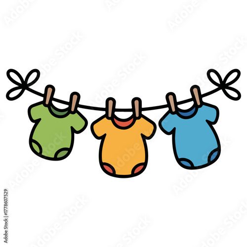 Cute baby bodysuits hanging on a clothesline, creating a playful scene. The colorful bodysuits add a touch of joy and innocence