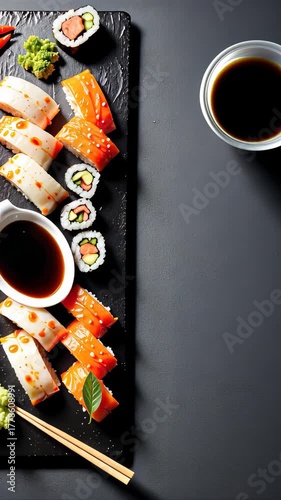 Exquisite Sushi Platter with Vibrant Rolls and Soy Sauce for a Delightful Japanese Dining Experience