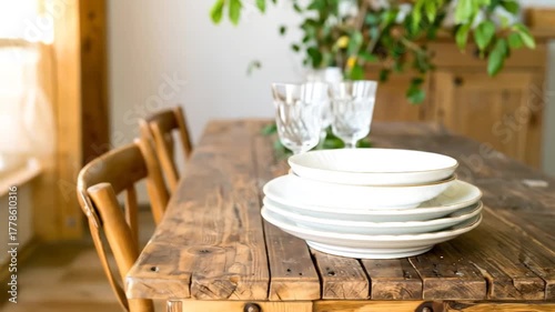 Rustic wooden table is set with plates, glasses, and greenery in a bright, airy room