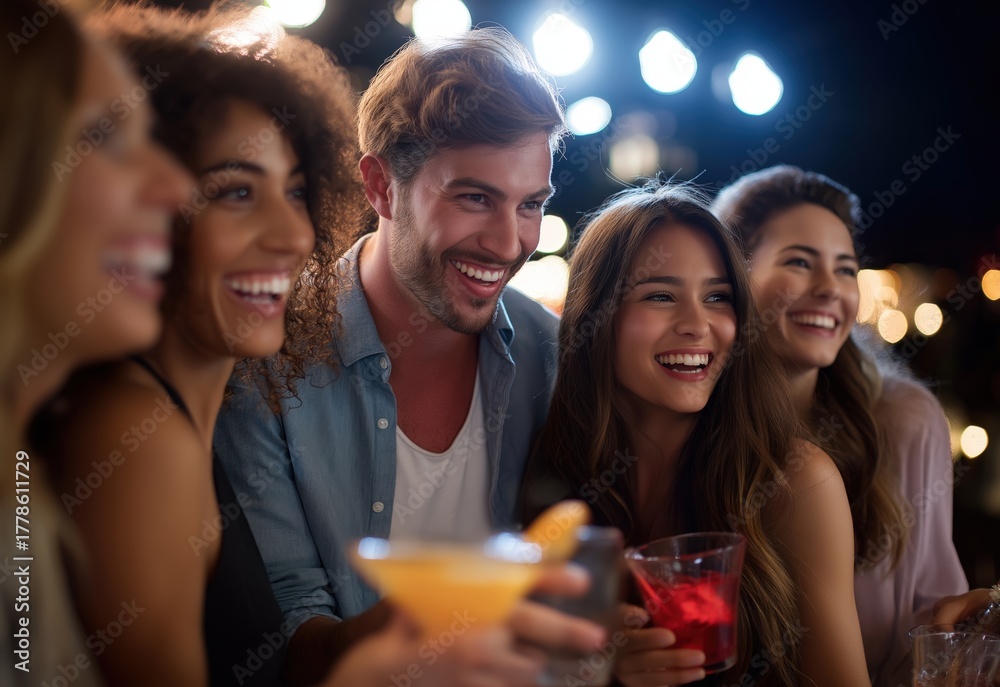 Obraz premium Vibrant social gathering of diverse young adults enjoying drinks laughter and celebration in a lively outdoor nightlife scene with friends fun and positive energy