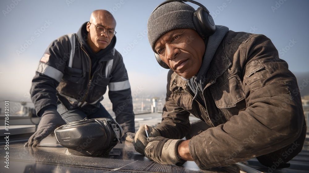 Fototapeta premium Two Men Working on Solar Panels in Urban Environment Under Clear Sky with Equipment and Safety Gear