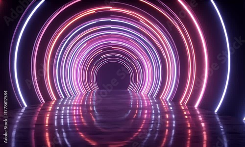Abstract futuristic tunnel with glowing neon light rings in red and blue illuminating a reflective dark floor creating a sense of depth and movement