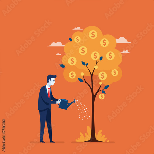 A man waters a money tree Dollar sign coins on the tree The background is orange