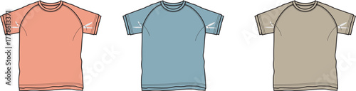 Three different color t-shirts shown from the front view in a studio setting