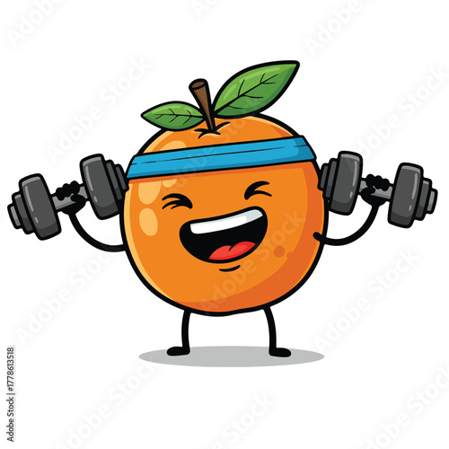 An orange cartoon character wearing a headband lifting dumbbells It has leaves on top