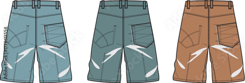 Illustrated collection of casual shorts, showcasing three unique color variations with bold lightning bolt graphics and practical back pocket designs, ideal for dynamic fashion