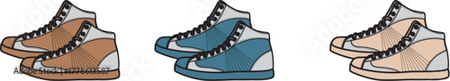 A versatile collection of modern casual sneakers, artfully presented in a trio of distinct color variations, ideal for illustrating diverse footwear fashion trends and lifestyle choices